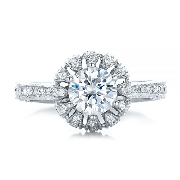 18k White Gold Hand Engraved Crown Halo Diamond Engagement Ring - Vanna K - Top View -  100488