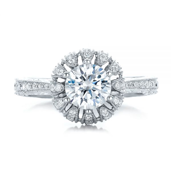 18k White Gold Hand Engraved Crown Halo Diamond Engagement Ring - Vanna K - Top View - 100488