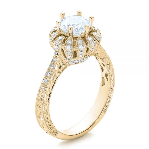 14k Yellow Gold 14k Yellow Gold Hand Engraved Crown Halo Diamond Engagement Ring - Vanna K - Three-Quarter View -  100488