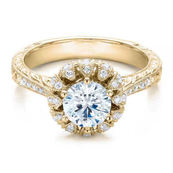 18k Yellow Gold 18k Yellow Gold Hand Engraved Crown Halo Diamond Engagement Ring - Vanna K - Flat View -  100488
