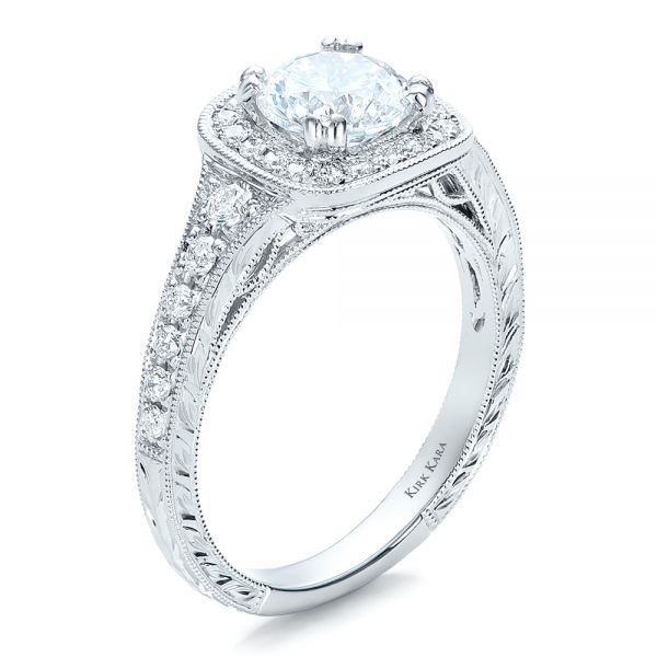 Hand Engraved Diamond Engagement Ring - Kirk Kara - Three-Quarter View -  100877