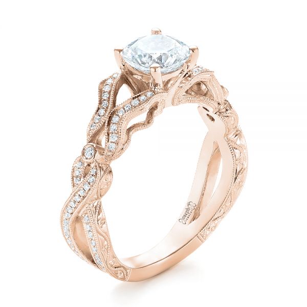 18k Rose Gold 18k Rose Gold Hand Engraved Diamond Engagement Ring - Three-Quarter View -  103603