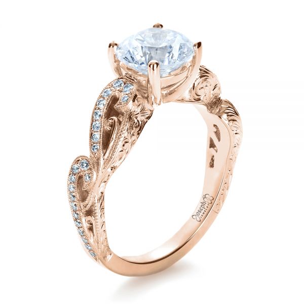 18k Rose Gold 18k Rose Gold Hand Engraved Diamond Engagement Ring - Three-Quarter View -  1261