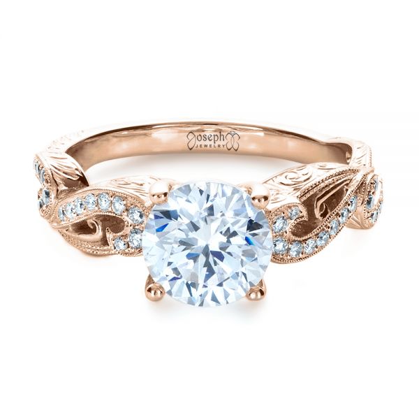 14k Rose Gold 14k Rose Gold Hand Engraved Diamond Engagement Ring - Flat View -  1261