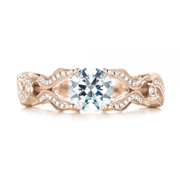 18k Rose Gold 18k Rose Gold Hand Engraved Diamond Engagement Ring - Top View -  103603