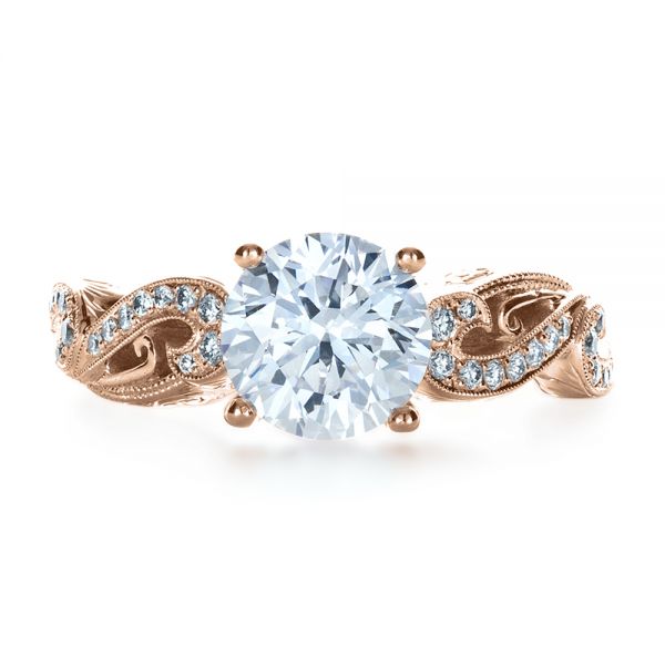 18k Rose Gold 18k Rose Gold Hand Engraved Diamond Engagement Ring - Top View -  1261