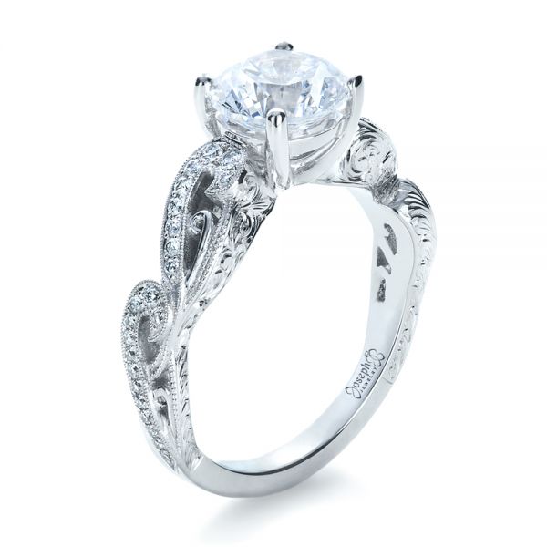 18k White Gold Hand Engraved Diamond Engagement Ring - Three-Quarter View -  1261