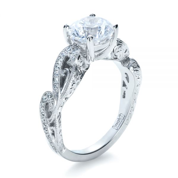 18k White Gold Hand Engraved Diamond Engagement Ring - Three-Quarter View -  1261