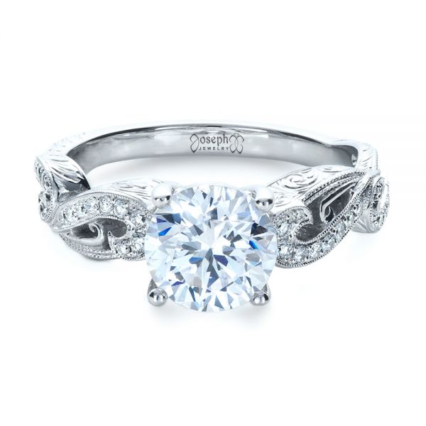 14k White Gold 14k White Gold Hand Engraved Diamond Engagement Ring - Flat View -  1261