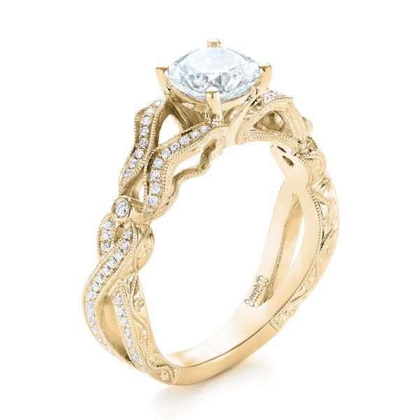 18k Yellow Gold 18k Yellow Gold Hand Engraved Diamond Engagement Ring - Three-Quarter View -  103603