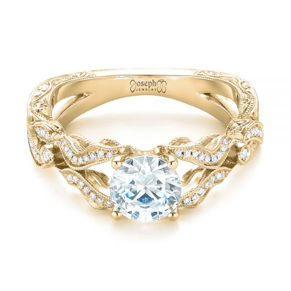 18k Yellow Gold 18k Yellow Gold Hand Engraved Diamond Engagement Ring - Flat View -  103603