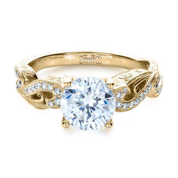 18k Yellow Gold 18k Yellow Gold Hand Engraved Diamond Engagement Ring - Flat View -  1261