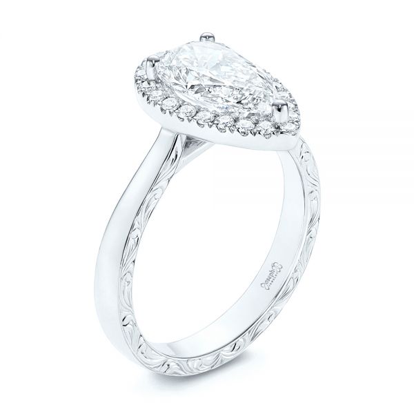 14k White Gold 14k White Gold Hand Engraved Diamond Halo Engagement Ring - Three-Quarter View -  106650