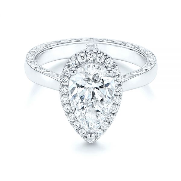 14k White Gold 14k White Gold Hand Engraved Diamond Halo Engagement Ring - Flat View - 106650
