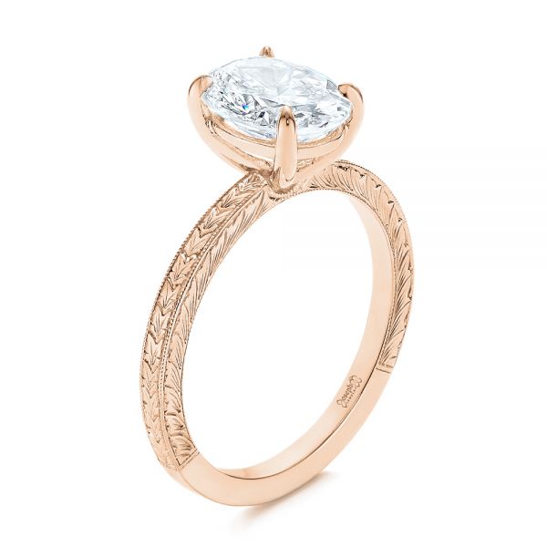 14k Rose Gold 14k Rose Gold Hand Engraved Oval Diamond Solitaire Engagement Ring - Three-Quarter View -  105490