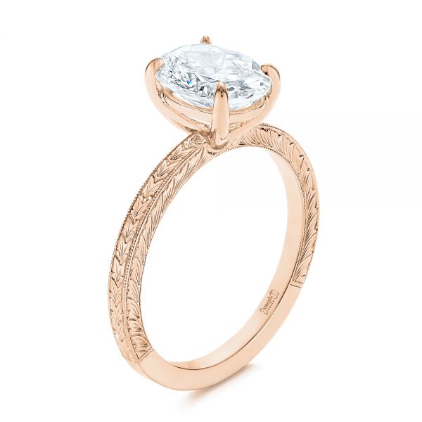 14k Rose Gold 14k Rose Gold Hand Engraved Oval Diamond Solitaire Engagement Ring - Three-Quarter View -  105490 - Thumbnail