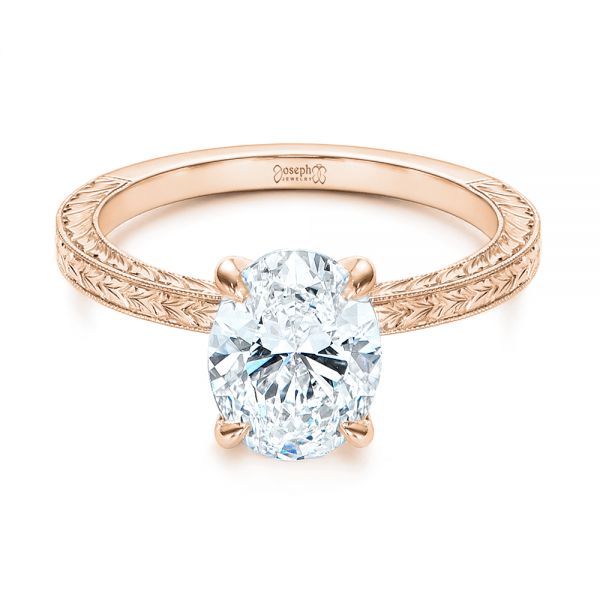18k Rose Gold 18k Rose Gold Hand Engraved Oval Diamond Solitaire Engagement Ring - Flat View -  105490