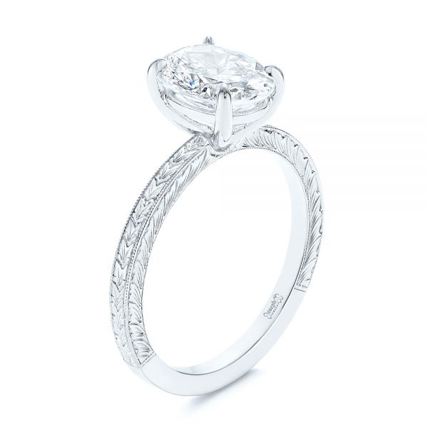 18k White Gold 18k White Gold Hand Engraved Oval Diamond Solitaire Engagement Ring - Three-Quarter View -  105490