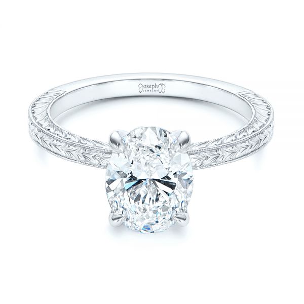 14k White Gold Hand Engraved Oval Diamond Solitaire Engagement Ring - Flat View -  105490 - Thumbnail