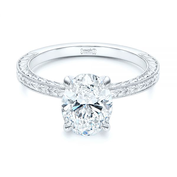 14k White Gold Hand Engraved Oval Diamond Solitaire Engagement Ring - Flat View - 105490
