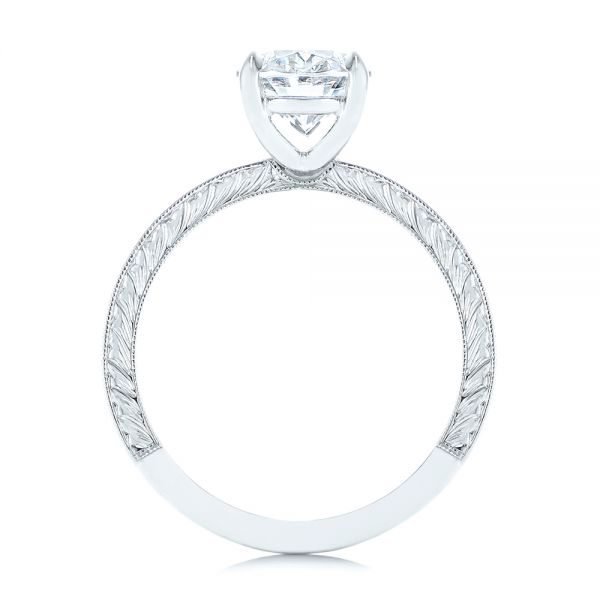 14k White Gold Hand Engraved Oval Diamond Solitaire Engagement Ring - Front View - 105490