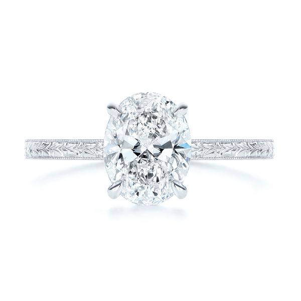 14k White Gold Hand Engraved Oval Diamond Solitaire Engagement Ring - Top View - 105490