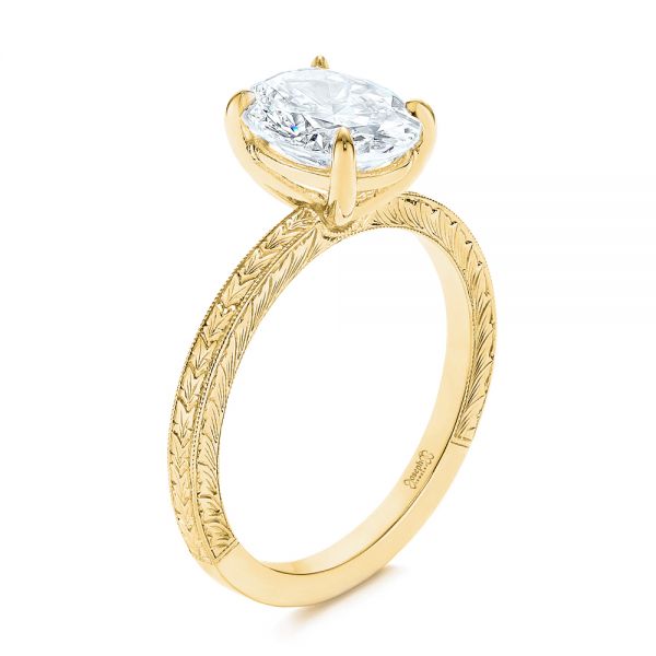 18k Yellow Gold 18k Yellow Gold Hand Engraved Oval Diamond Solitaire Engagement Ring - Three-Quarter View -  105490 - Thumbnail