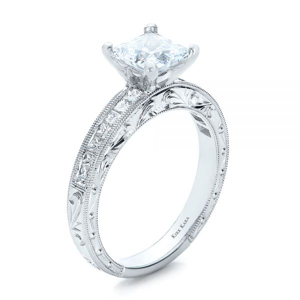 18k White Gold Hand Engraved Princess Cut Engagement Ring - Kirk Kara - Three-Quarter View -  100474