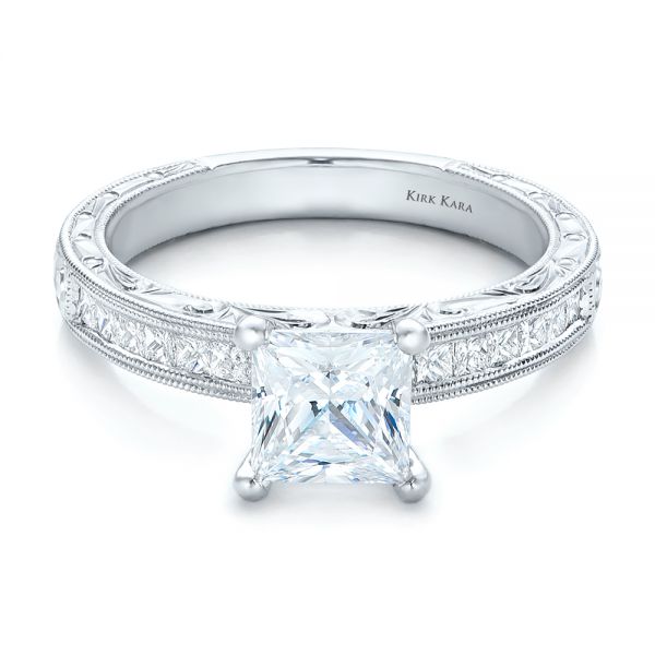 18k White Gold Hand Engraved Princess Cut Engagement Ring - Kirk Kara - Flat View -  100474