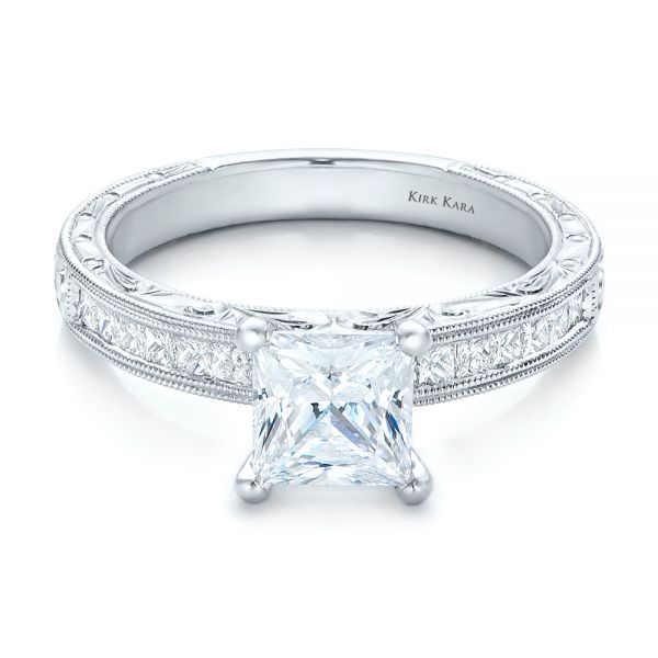 14k White Gold 14k White Gold Hand Engraved Princess Cut Engagement Ring - Kirk Kara - Flat View -  100474