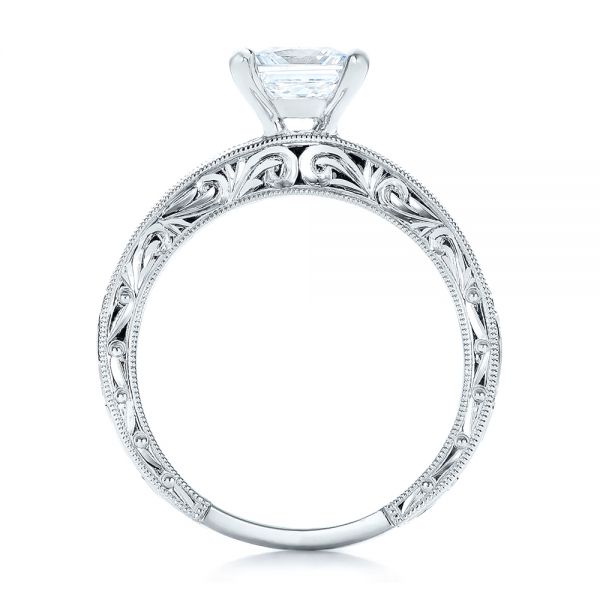 18k White Gold Hand Engraved Princess Cut Engagement Ring - Kirk Kara - Front View -  100474