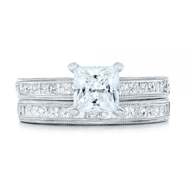 18k White Gold Hand Engraved Princess Cut Engagement Ring - Kirk Kara - Side View -  100474