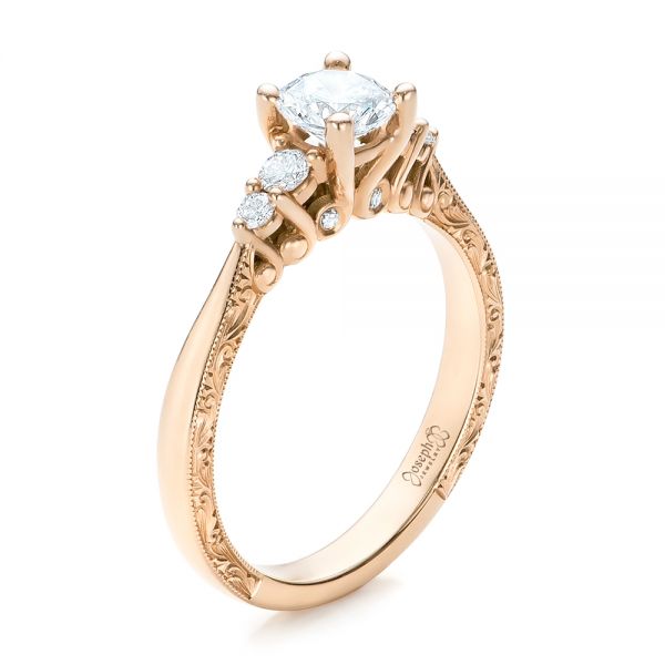 14k Rose Gold Hand Engraved Diamond Engagement Ring - Three-Quarter View -  101401