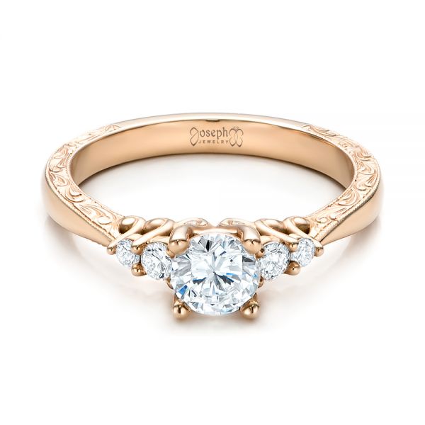14k Rose Gold Hand Engraved Diamond Engagement Ring - Flat View -  101401