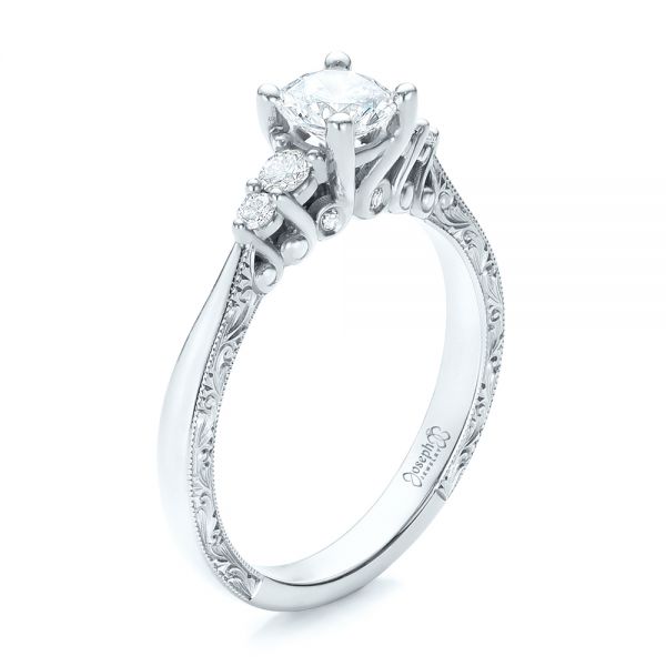 18k White Gold 18k White Gold Hand Engraved Diamond Engagement Ring - Three-Quarter View -  101401