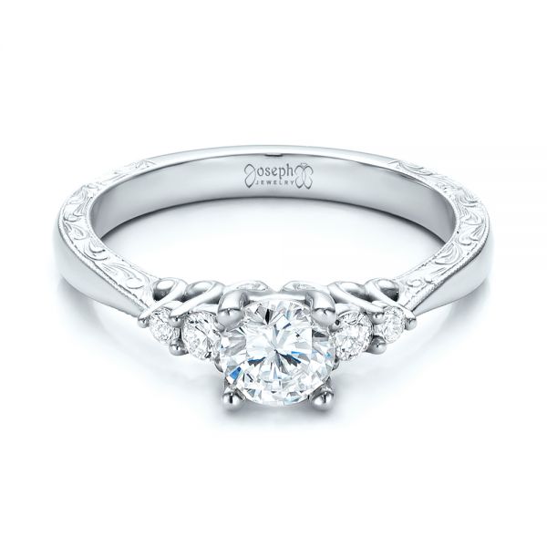18k White Gold 18k White Gold Hand Engraved Diamond Engagement Ring - Flat View - 101401