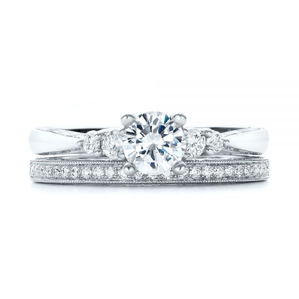 18k White Gold 18k White Gold Hand Engraved Diamond Engagement Ring - Top View - 101401