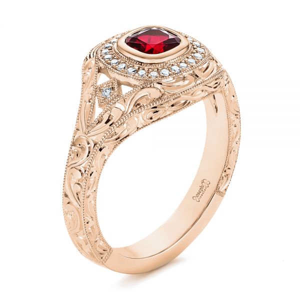 18k Rose Gold 18k Rose Gold Hand Engraved Ruby And Diamond Halo Engagement Ring - Three-Quarter View - 105770