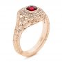 18k Rose Gold 18k Rose Gold Hand Engraved Ruby And Diamond Halo Engagement Ring - Three-Quarter View -  105770 - Thumbnail