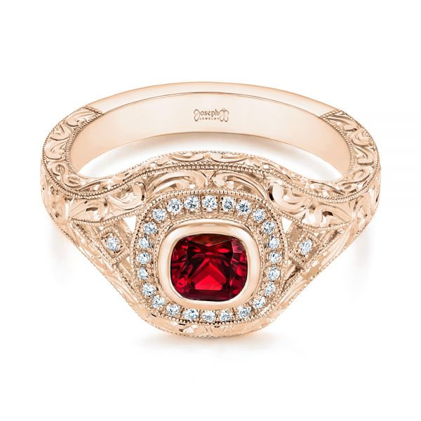 18k Rose Gold 18k Rose Gold Hand Engraved Ruby And Diamond Halo Engagement Ring - Flat View -  105770