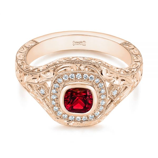 18k Rose Gold 18k Rose Gold Hand Engraved Ruby And Diamond Halo Engagement Ring - Flat View - 105770