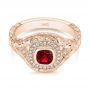 18k Rose Gold 18k Rose Gold Hand Engraved Ruby And Diamond Halo Engagement Ring - Flat View -  105770 - Thumbnail