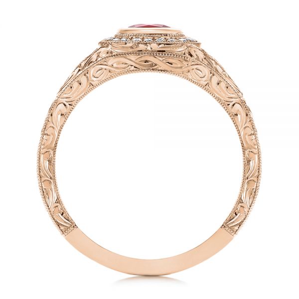 18k Rose Gold 18k Rose Gold Hand Engraved Ruby And Diamond Halo Engagement Ring - Front View -  105770