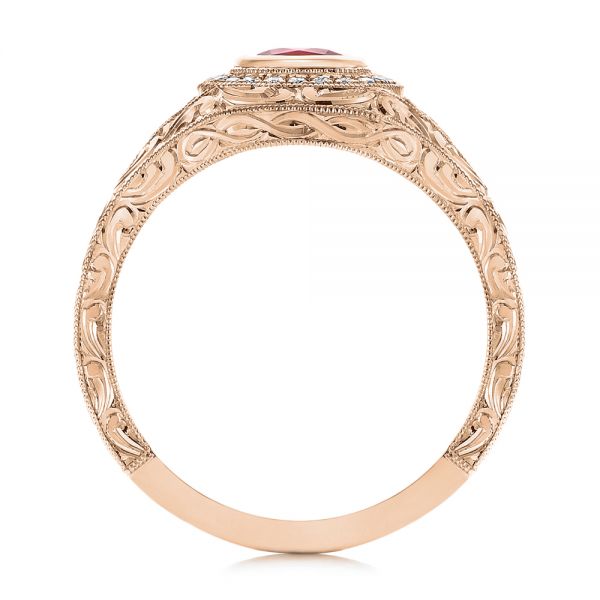18k Rose Gold 18k Rose Gold Hand Engraved Ruby And Diamond Halo Engagement Ring - Front View - 105770