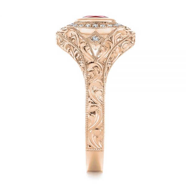 18k Rose Gold 18k Rose Gold Hand Engraved Ruby And Diamond Halo Engagement Ring - Side View - 105770