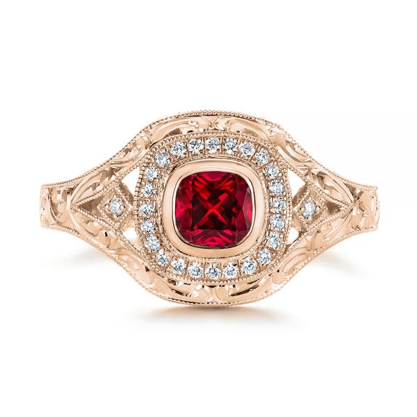 18k Rose Gold 18k Rose Gold Hand Engraved Ruby And Diamond Halo Engagement Ring - Top View - 105770