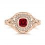 14k Rose Gold 14k Rose Gold Hand Engraved Ruby And Diamond Halo Engagement Ring - Top View -  105770 - Thumbnail