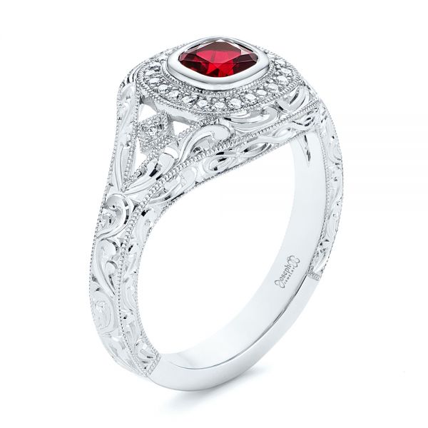  Platinum Hand Engraved Ruby And Diamond Halo Engagement Ring - Three-Quarter View -  105770