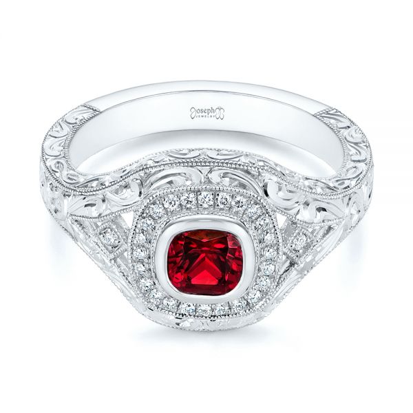 18k White Gold 18k White Gold Hand Engraved Ruby And Diamond Halo Engagement Ring - Flat View -  105770