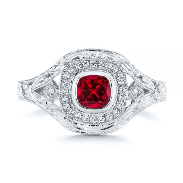 18k White Gold 18k White Gold Hand Engraved Ruby And Diamond Halo Engagement Ring - Top View -  105770